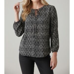 Liz Claiborne Career Womens Large Black White Geometric Leaf Tie Neck Blouse L